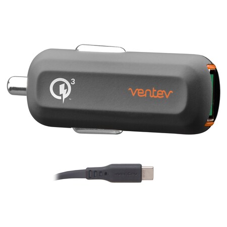 Ventev QC3.0 24W Dashport rq1300 mini Car Charger and USB A to USB C Cable 3.3ft, Gray RQ1300DACVNV